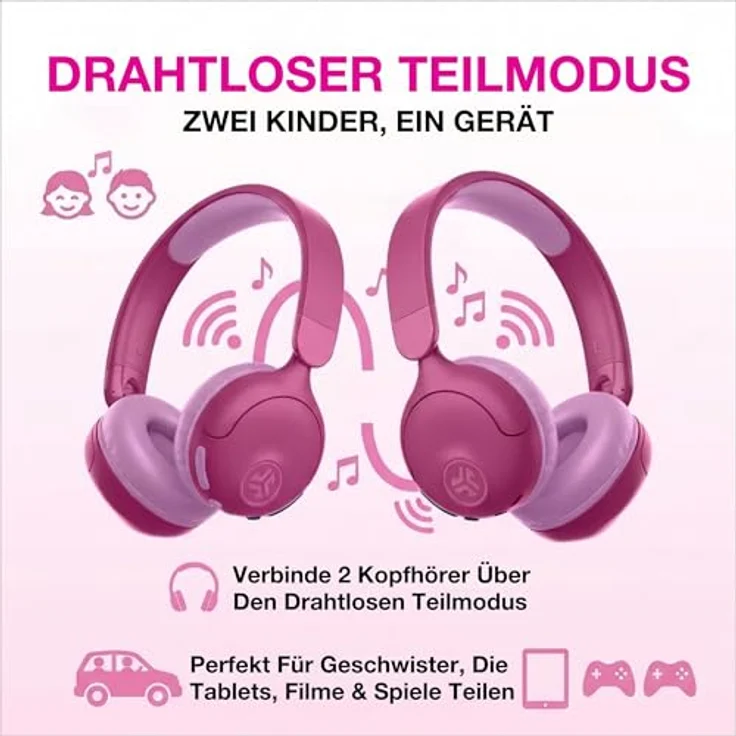JLab Audio JBuddies Pop, 2-in-1 kabellose Kinderkopfhörer, On-Ear, volumen-sicher, pink – Bild 6