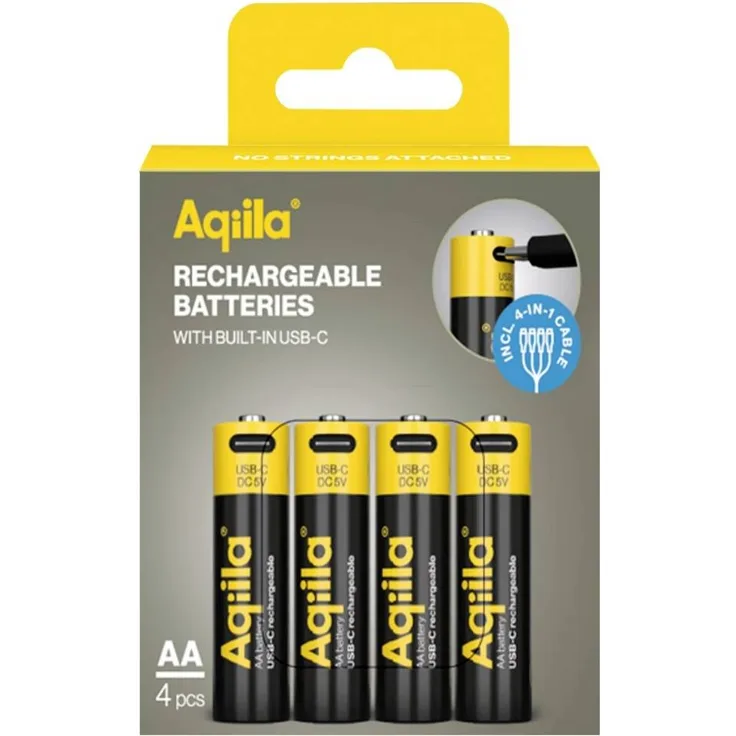 Aqiila Akku USB-C® Wiederaufladbare AA Batterien, 2000 mAh, 4er-Pack, umweltfreundlich, inkl. USB-C-Kabel
