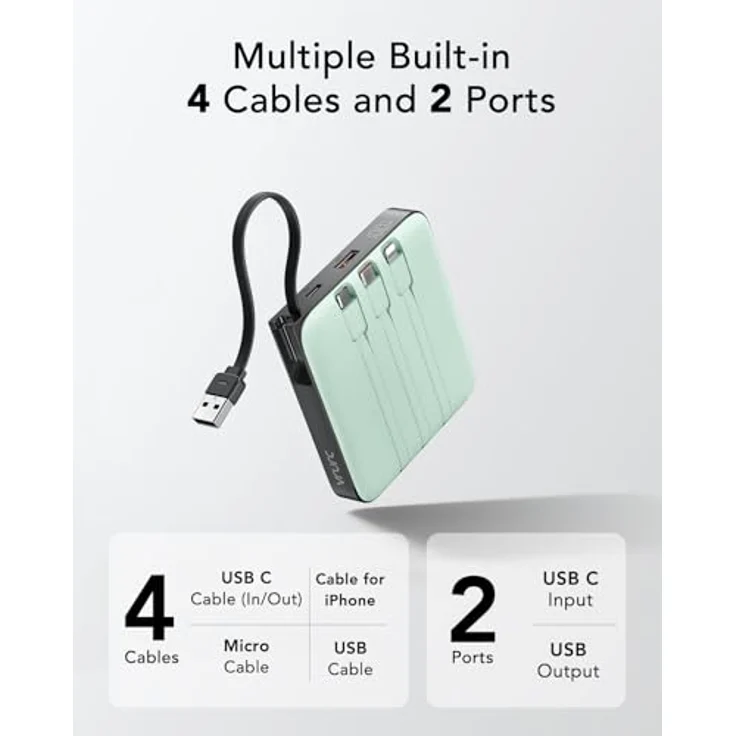 VRURC Powerbank 20000mAh, Tragbare Power Bank mit 22.5W QC3.0 Schnellladung und LED-Anzeige, Integrierte Kabel für iPhone und Huawei, Grün – Bild 2