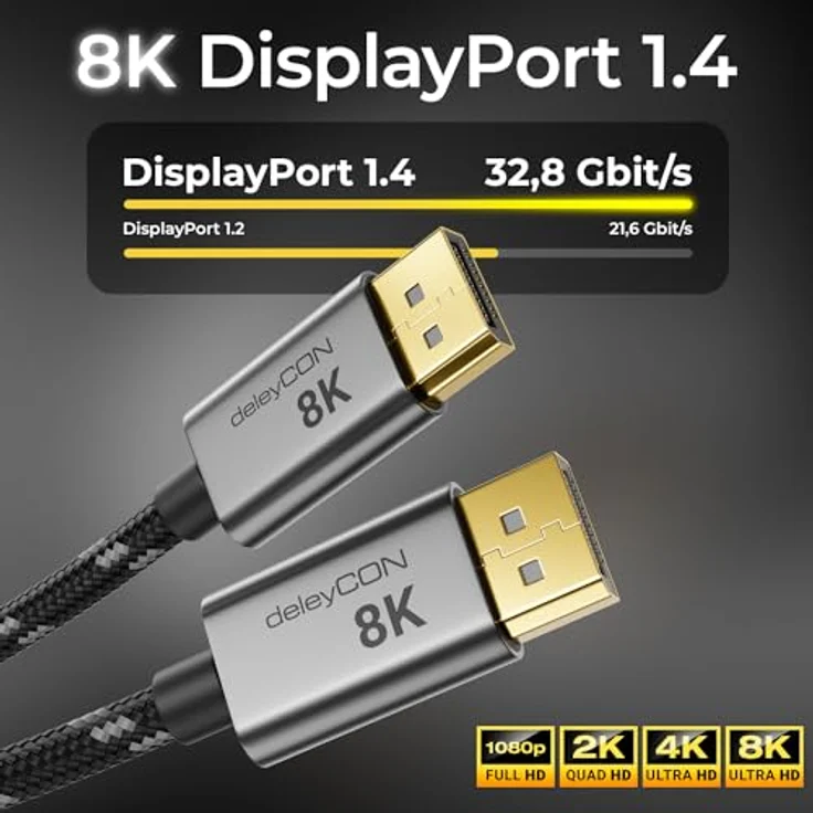 deleyCON 5m 8K DisplayPort Kabel 1.4, HBR3, 32.4Gbps, unterstützt 8K@60Hz, G-Sync & FreeSync, Schwarz Grau – Bild 4