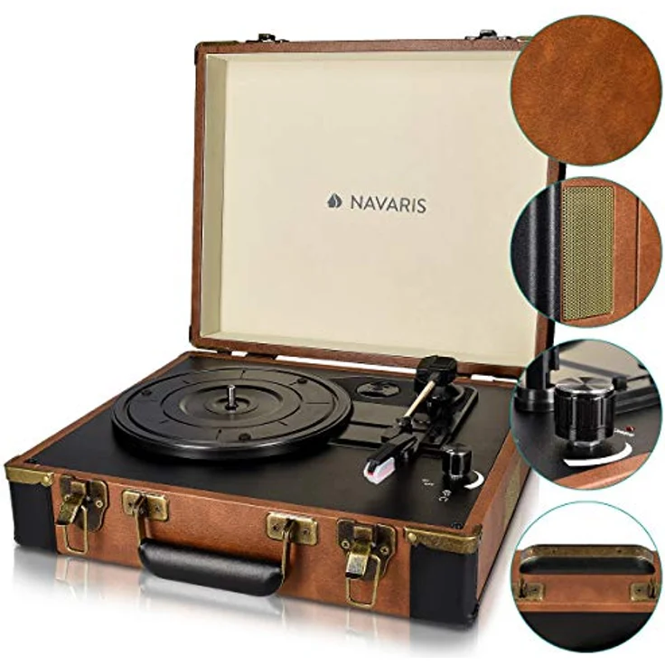 Navaris Retro Koffer Plattenspieler mit Lautsprecher - USB Port zum Digitalisieren - Vintage Design in Braun-Schwarz – Bild 3