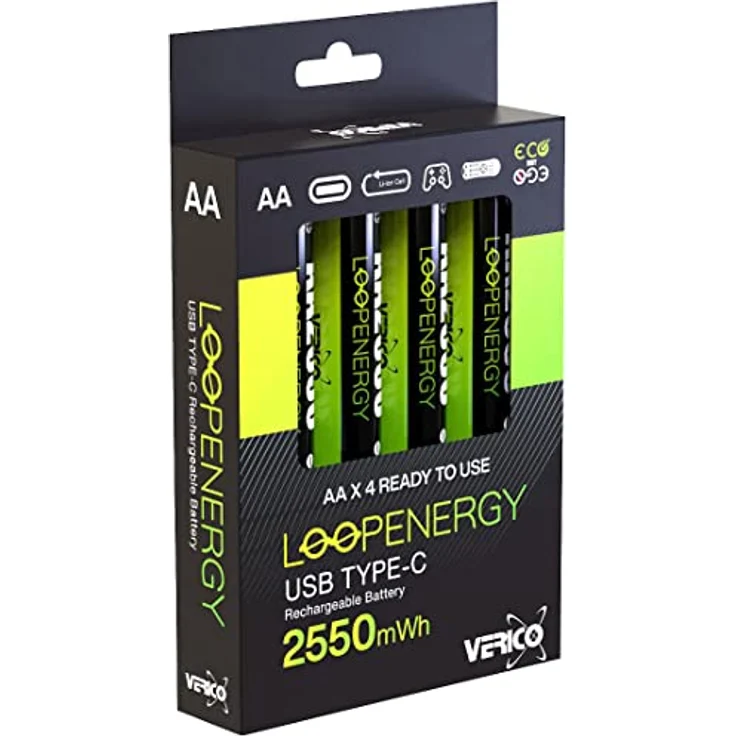 VERICO LoopEnergy AA 2550 Wiederaufladbare USB-C Batterie AA 1,5V 2550mWh (1700mAh) Li-Ion, Schnellladung via USB-C Anschluss in ca. 2 Stunden, 4X AA, Farbe: Grün – Bild 1