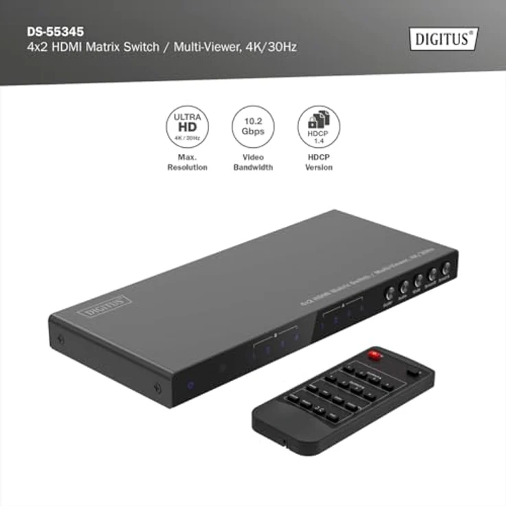 DIGITUS DS-55345 HDMI Matrix Switch 4x2 UHD 4K/30 Hz – HDCP 1.4 & HDMI 1.4b – Multi-Viewer, Split-Screen, Pip – RS232, Audio (Toslink, Stereo 3,5mm) – Bild 4