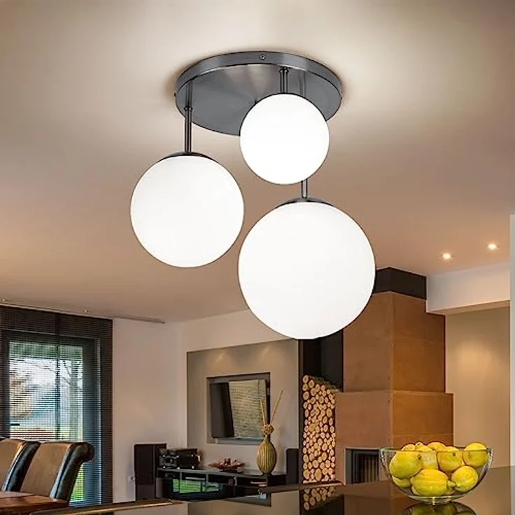 Globo Deckenlampe Wohnzimmerleuchte Kugel Deckenleuchte Glas satiniert, 3x E27, DxH 46,5x44 cm, Nickel Matt – Bild 4