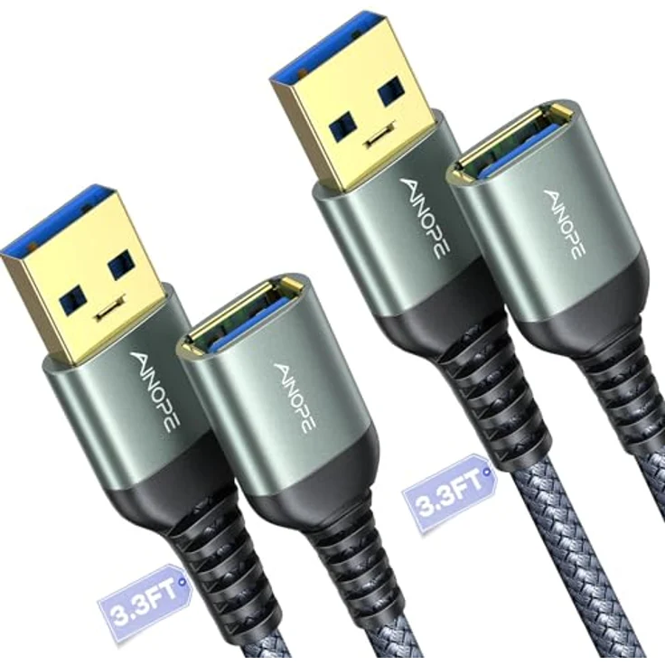 AINOPE USB 3.0 Verlängerungskabel 2 Stück, 1M, A Stecker auf A Buchse, Aluminiumstecker, Nylon Stoffmantel, Schnellladung & Datensynchronisation für Kartenlesegerät, Tastatur, Drucker, Scanner, Kamera – Bild 1