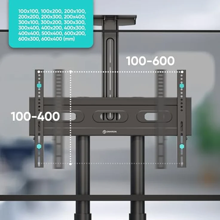 ONKRON TV Ständer rollbar für 40-70 Zoll Schwarz - höhenverstellbar max 600x400 VESA - TV Wagen mit Ablage und Rollen bis 45,5 kg – Bild 4