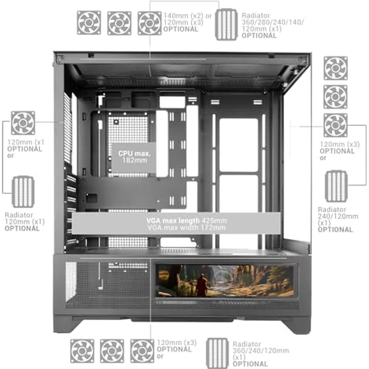 Mars Gaming MCLCDXW, Midi Tower PC, Weiß, ATX, micro ATX, Mini-ITX, gehärtetes Glas, Gaming mit IPS Display und RGB Beleuchtung – Bild 6