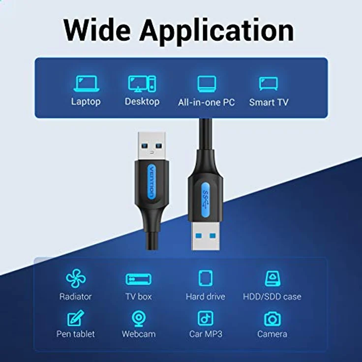Vention USB 3.0 Stecker auf Stecker Kabel, 2 m, SuperSpeed bis zu 5 Gbit/s, kompatibel mit externen Festplatten, Druckern und Kameras – Bild 3