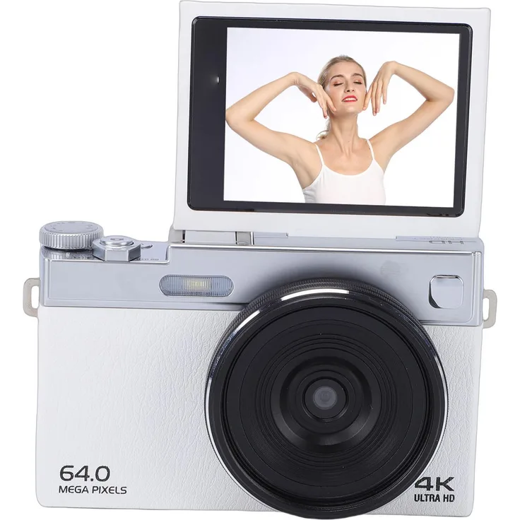 KKmoon 4K-Digitalkamera, 64 MP HD, 16-facher Digitalzoom, Retro-Spiegellose Kamera mit 2,88-Zoll-Klappbildschirm, weiß