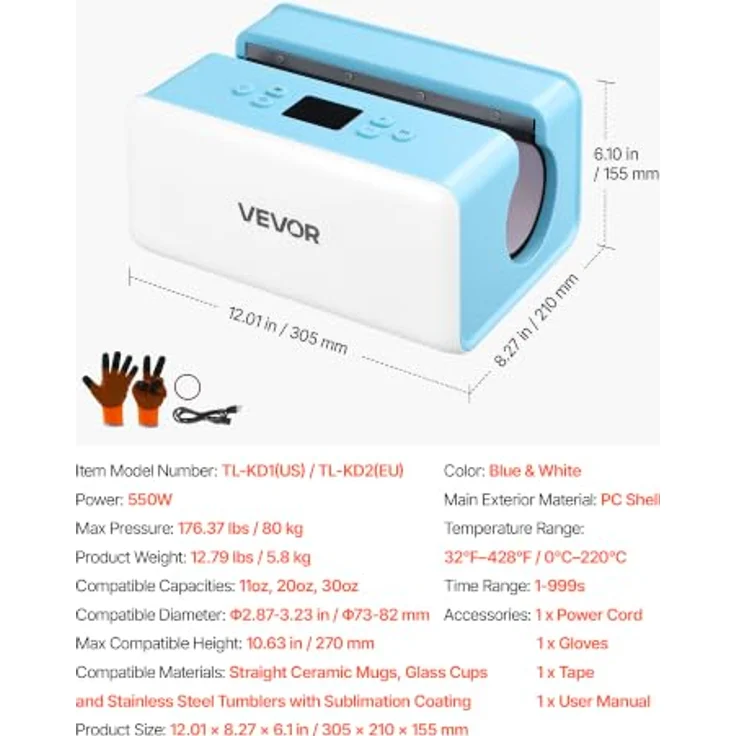 VEVOR Automatische Tassenpresse 80 kg, Becherpresse mit Temperatur- & Zeiteinstellung, für 325-887 ml Becher, Weiß & Blau, 3 Modi, gleichmäßige Erwärmung – Bild 7