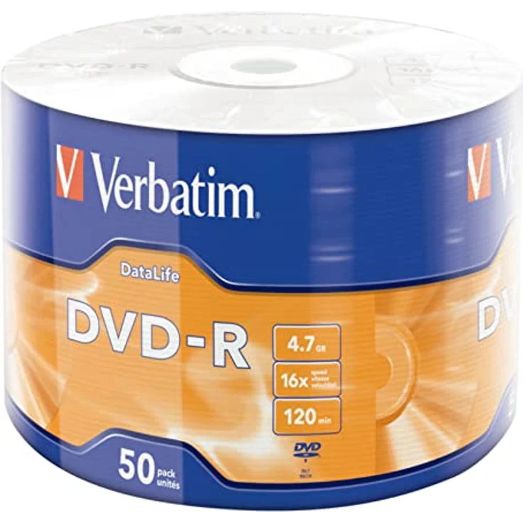Verbatim DVD-R 16x, DataLife, Matt Silver 4.7GB, 50er Pack, DVD Rohlinge beschreibbar, 16-fache Brenngeschwindigkeit & Hardcoat Scratch Guard, DVD-R Rohlinge, DVD leer, Rohlinge DVD – Bild 1