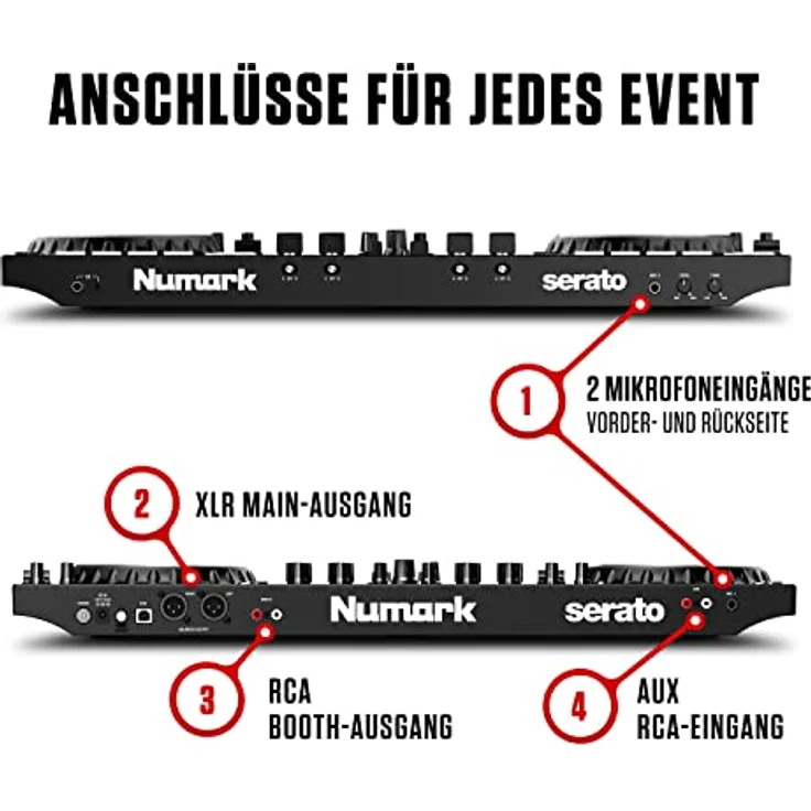 Numark NS4FX – 4-Kanal DJ Controller Pult, Touch-Jogwheels mit Display, Pads und Effekten, Booth- und Main-Ausgänge, Serato DJ Lite enthalten – Bild 5