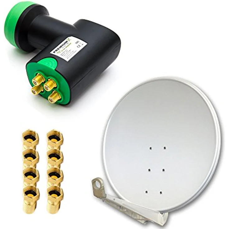 PremiumX DELUXE SAT Anlage 100cm Aluminium Hellgrau für 4 Empfänger, inkl. Green Diamond Quad LNB und 8 F-Steckern – Bild 1