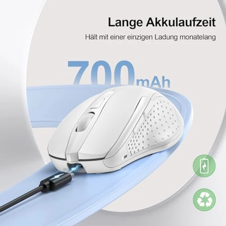 TECKNET Silent Kabellose Maus, Wiederaufladbare Funkmaus mit 4800 DPI, 2,4 GHz und 6 Tasten, Weiß – Bild 2