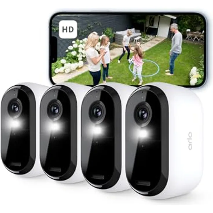 Arlo Essential 2 HD Akku Überwachungskamera Aussen WLAN, Kabellos, 1080p Video, Farbnachtsicht, Licht, Bewegungsmelder, Sirene, 2-Wege Audio, Smart Home + Arlo Secure Plan Testzeitraum, 4er Set