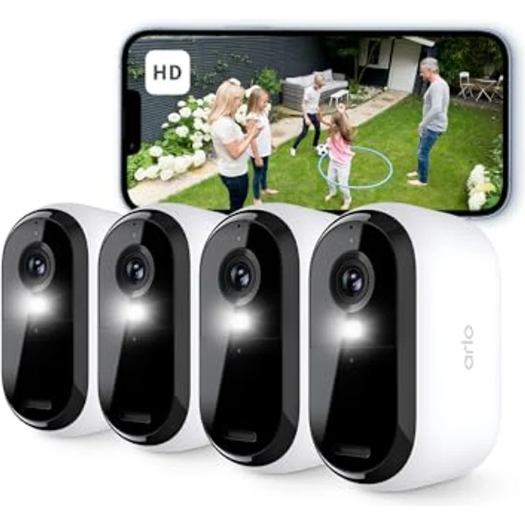 Arlo Essential 2 HD Akku Überwachungskamera Aussen WLAN, Kabellos, 1080p Video, Farbnachtsicht, Licht, Bewegungsmelder, Sirene, 2-Wege Audio, Smart Home + Arlo Secure Plan Testzeitraum, 4er Set – Bild 1
