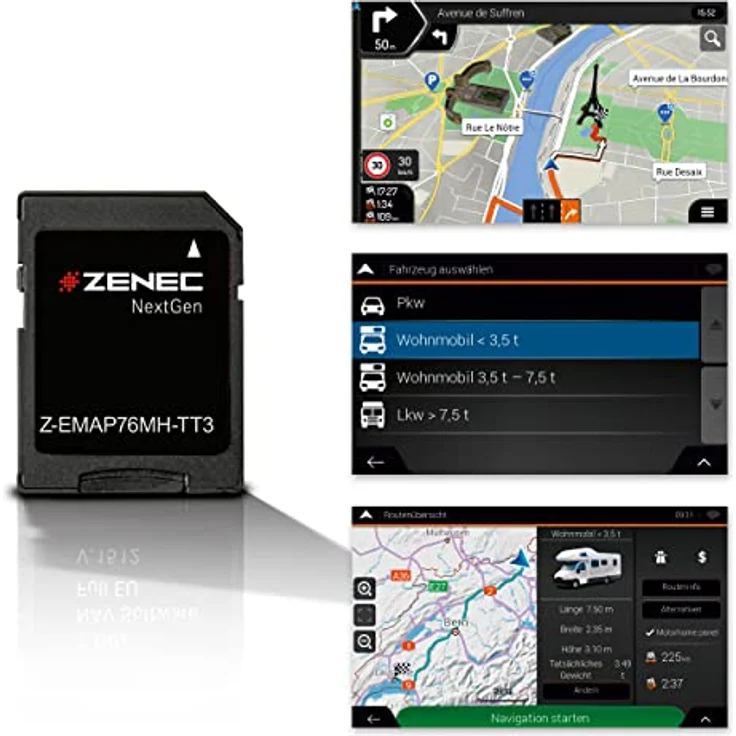 Zenec Z-EMAP76MH-TT3 Camper-Navisoftware, 32 GB microSDHC, 3 Jahre Kartenupdates, 3D Karten für 44 EU-Länder, Camping P.O.I. mit 20.000 Plätzen – Bild 1