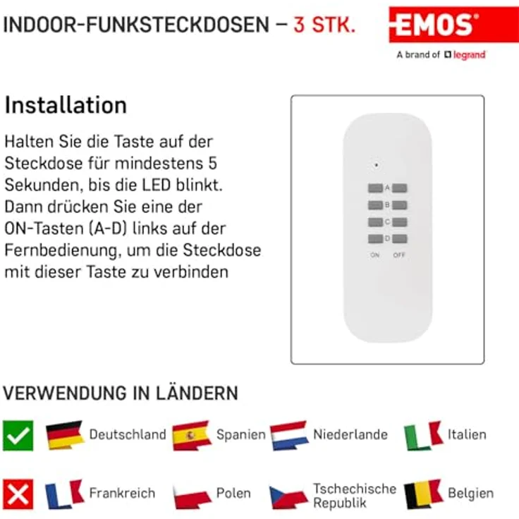 EMOS Funksteckdosen 3er Set mit Fernbedienung, 25m Reichweite, 230 V, 1000 W, IP20 für Innenbereich, weiß – Bild 3