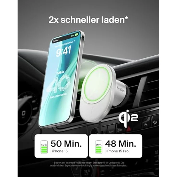 Belkin BoostCharge Pro magnetisches kabelloses Kfz-Ladegerät mit Qi2 (15 W), MagSafe-kompatibles Auto-Ladegerät für iPhone-Serien 16/15/14/13/12, mit USB-C Kabel und 20-W-USB-C-Kfz-Netzteil – Bild 2