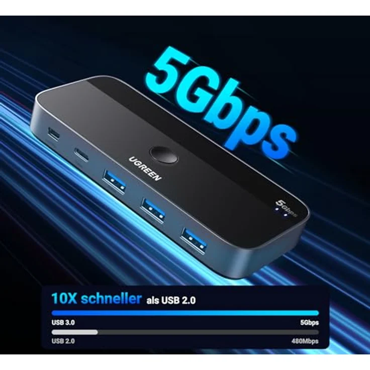 UGREEN USB C Switch 2PC USB Switch 3.0, 1x USB C und 3x USB A Ports, Aluminiumgehäuse, 5 Gbps Datenübertragung, 2 USB-C auf A/C Kabel, für Tastatur und Maus – Bild 4