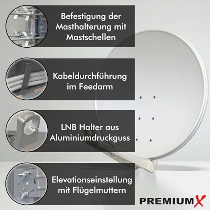 PremiumX DELUXE100 Satellitenschüssel 100cm Aluminium in Hellgrau, starke Empfangsleistung für FullHD und 4K UltraHD mit einfacher Montage – Bild 3