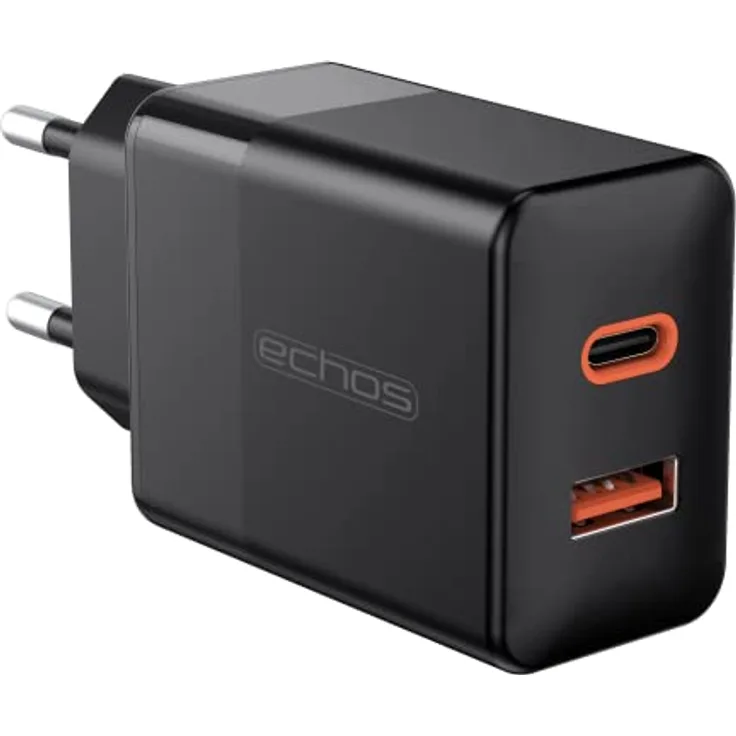 Echos 25W Dual Port Ladegerät, USB C & USB A Schnellladegerät mit PD QC 3.0 Unterstützung für iPhone, Samsung Galaxy, iPad und mehr, Schwarz