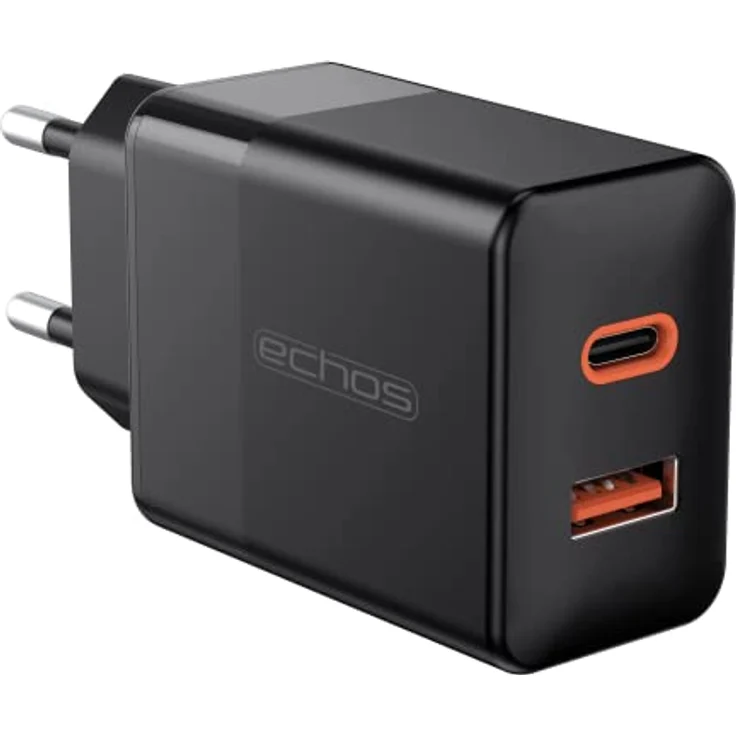 Echos 25W Dual Port Ladegerät, USB C & USB A Schnellladegerät mit PD QC 3.0 Unterstützung für iPhone, Samsung Galaxy, iPad und mehr, Schwarz – Bild 1