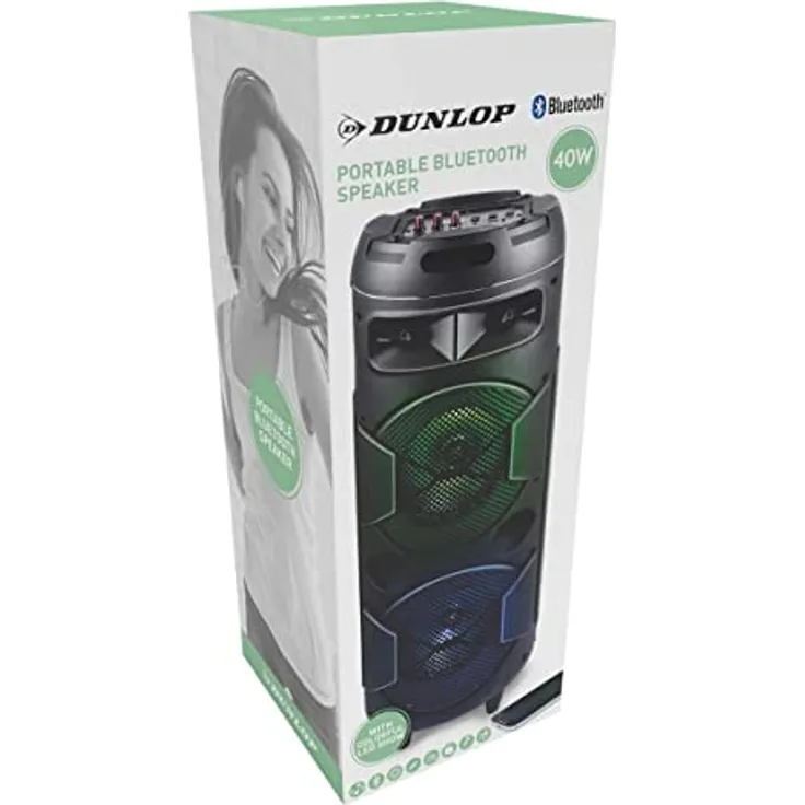 Dunlop Bluetooth Lautsprecher MW-538-2 x 10W - mit FM Radio und AUX/MIC Eingang - Eingang für TF Karte und (Micro) USB - LED Beleuchtung - Schwarz