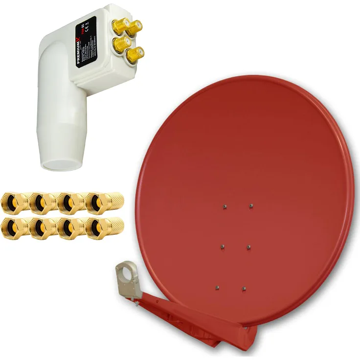 PremiumX DELUXE SAT Anlage 100cm, Aluminium Ziegelrot, für 4 Teilnehmer mit Quad LNB und 8 F-Steckern