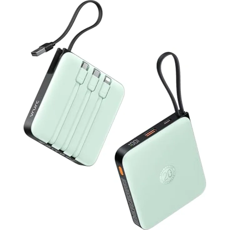 VRURC Powerbank 20000mAh, Tragbare Power Bank mit 22.5W QC3.0 Schnellladung und LED-Anzeige, Integrierte Kabel für iPhone und Huawei, Grün