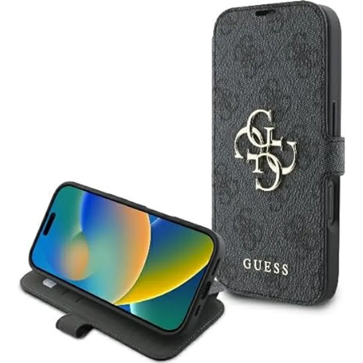 CG Mobile Guess GUBKP16S4GMGGR Hülle für iPhone 16 6.1" Schwarz Book 4G Metal Logo - TPU/PC/Kunstleder, 4G-Metalllogo