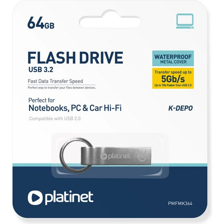 Platinet PMFMK364 USB-Stick, 64 GB, USB 3.2, wasserdichtes Metallgehäuse, Silber