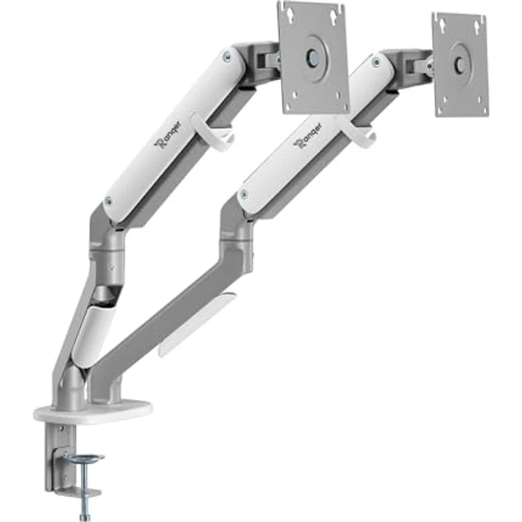 Ranqer Monitorhalterung Pro Dual, 2 Monitore, 17-35 Zoll, VESA 75 & 100 mm, Höhenverstellbar, 360° Rotation, Weiß – Bild 1
