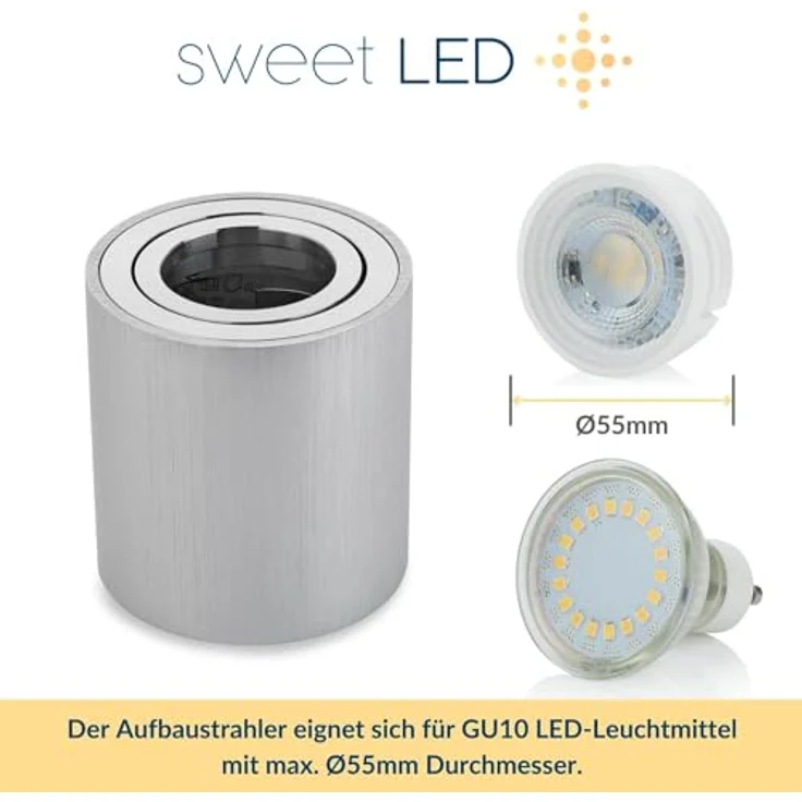 Sweet Led Aufbauleuchte Aufbaustrahler Deckenleuchte Aufputz mit GU10 Fassung 230V Alu-gebüstet schwenkbar Deckenleuchte Strahler Deckenlampe Aufbau-lampe Downlight aus Aluminium (Rund-Silber-alu) – Bild 4