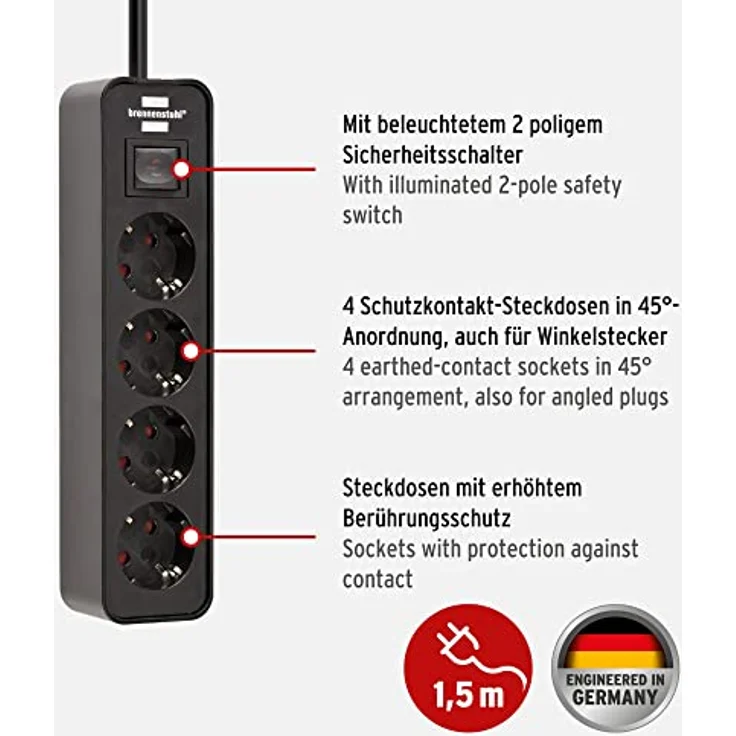 Brennenstuhl Ecolor Steckdosenleiste 4-fach (Steckerleiste mit Schalter und 1,5m Kabel) schwarz – Bild 2