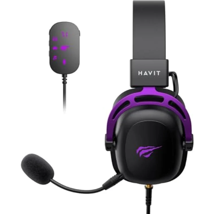 Havit H2002C+U, Kabelgebundenes Gaming Headset mit 53 mm Treibern, virtueller 7.1 USB-Soundkarte, abnehmbaren Mikrofon, Schwarz und Violett – Bild 4
