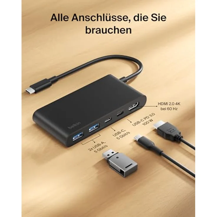 Belkin USB C Hub 5-in-1 Docking Station, 4K HDMI 60 Hz, 100 W Power Delivery, 5 Gbit/s Datentransfer, USB-C Adapter für MacBook, iPad Pro – Schwarz – Bild 3