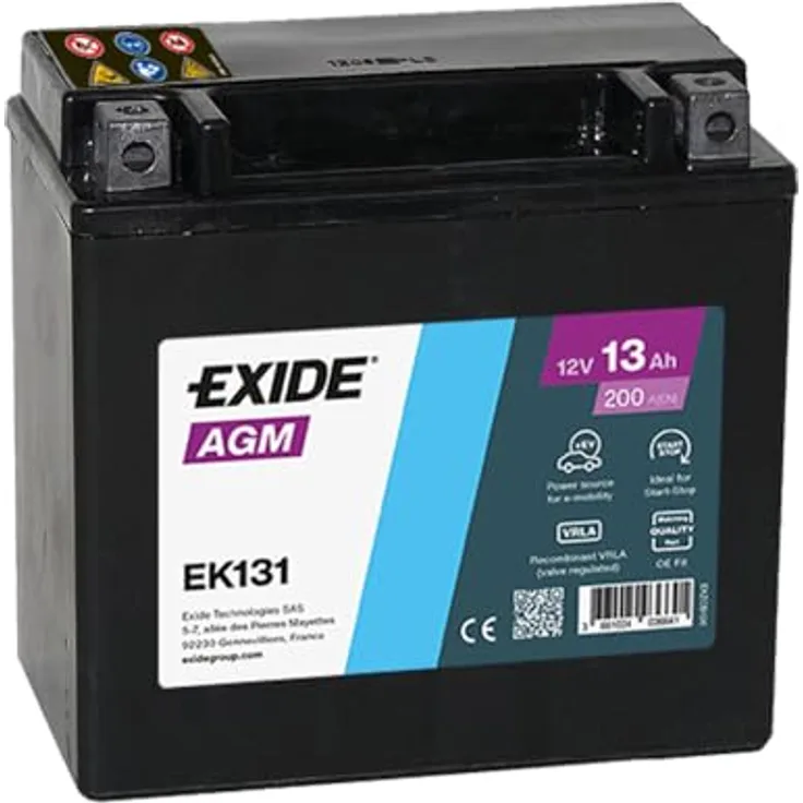 Exide EK131, AGM Batterie, 13 Ah, 12 V, 200 A, wartungsfrei für Motorräder