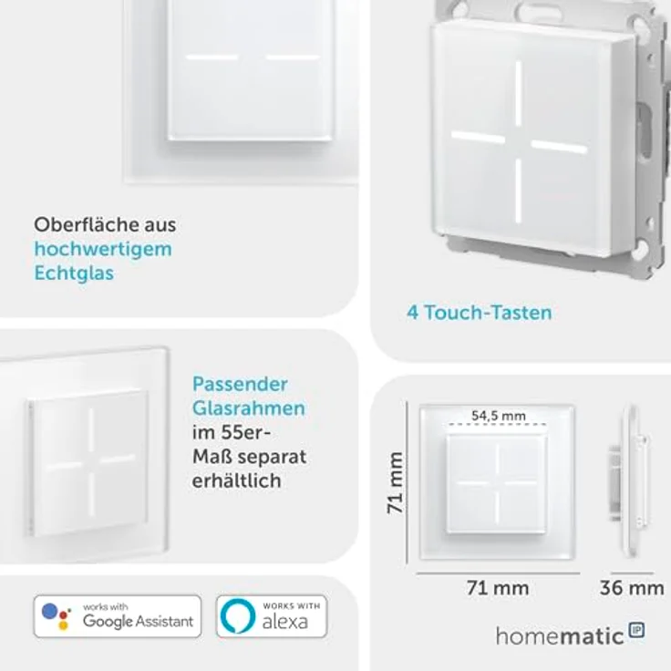 Homematic IP Funk Taster Funk Glastaster, elegantes Echtglas-Design mit 4 konfigurierbaren Tasten und Hintergrundbeleuchtung – Bild 3