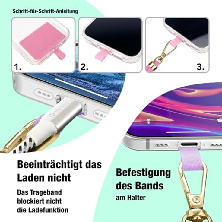 Nalia HoldMe Air Handykette Universal Smartphone, gold, 160cm mit Karabiner und 2 Pads für Full-Cover Hüllen – Bild 5