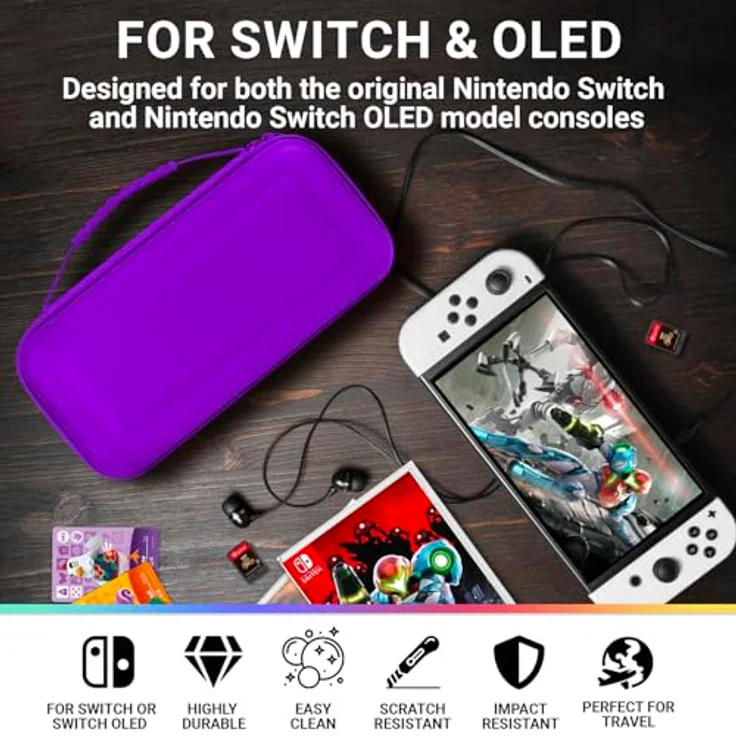 Orzly Tragetasche für Nintendo Switch, Hartschalen Aufbewahrungstasche mit Platz für Konsole, 2 Joy-Con Controller und Zubehör, Lila – Bild 5