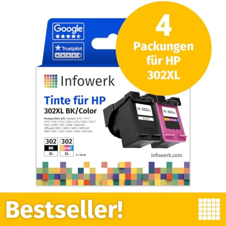 Infowerk Tintenpatrone 302XL, 4-tlg. Set in Schwarz, Cyan, Magenta, Gelb – hohe Druckleistung für HP Drucker – Bild 2