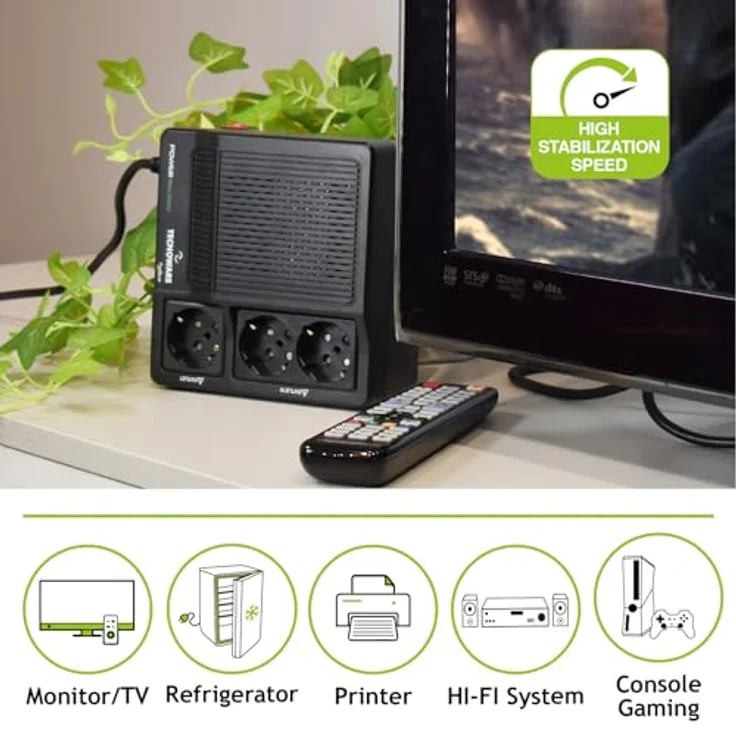 Tecnoware Spannungsstabilisator 1000VA, einphasiger Stromregler für Modem, Router und PC, Schutz vor Stromschwankungen, 3 Schuko-Ausgänge, LED Statusanzeige – Bild 4