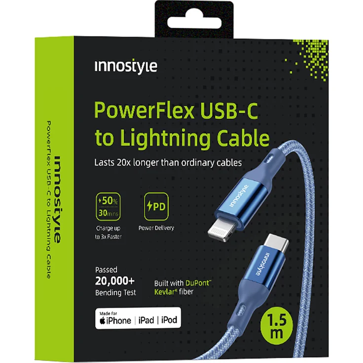 Innostyle PowerFlex USB-C Lightning MFi Schnellladekabel, 2m, Blau, Polyamid, 2,4A Schnellladung, 480Mbps Datenübertragung