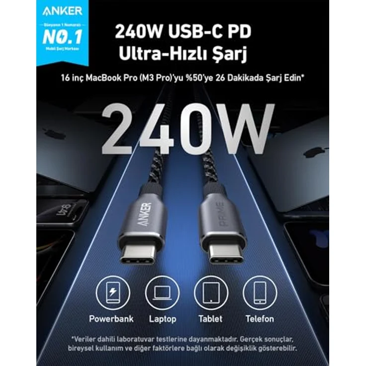 Anker Prime USB-C auf USB-C Kabel, 90cm, 240W, upcycled Flechtgewebe, Schwarz – Bild 2