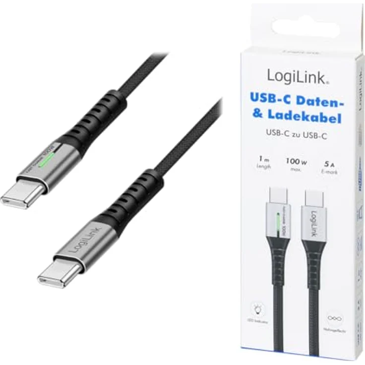 LogiLink CU0422 USB-C Kabel, 1m, 100W Power Delivery, Nylon-Mantel, Schwarz – Bild 7