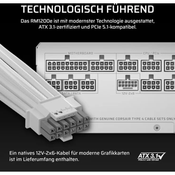 CORSAIR RMe Series PinProtect RM1200e White, 1200 Watt ATX 12V Netzteil, Cybenetics Platinum, modulare Kabel – Bild 6