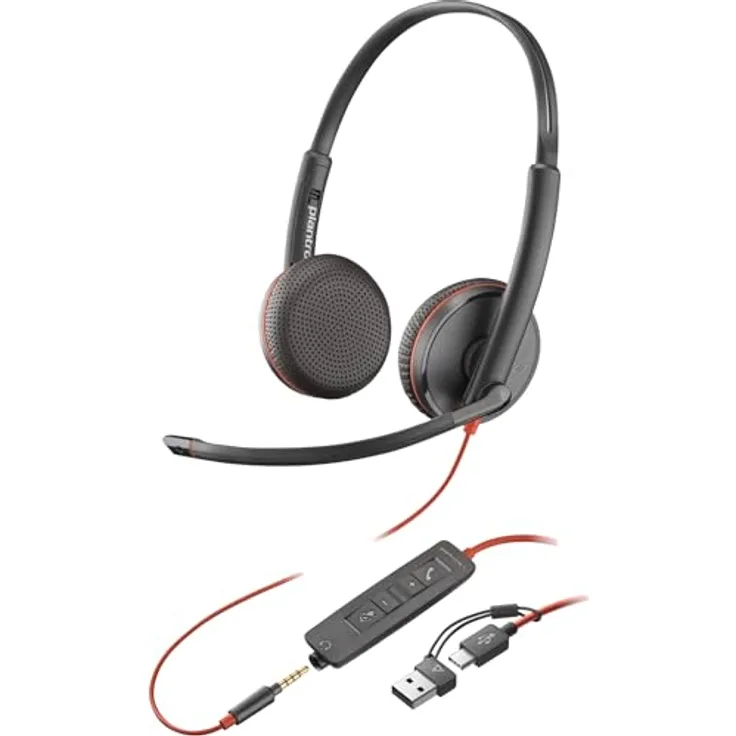 Poly Headset Blackwire C3225 Stereo USB-C/A & 3,5 mm, Leichter Metall-Kopfbügel und Noise Cancelling-Mikrofon