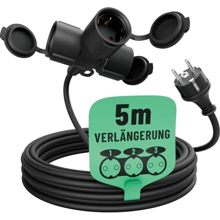 greate 3fach Verlängerungskabel außen 5 Meter - Wasserdicht IP44 - Outdoor Extension Cord 3500W - Schwarz – Bild 1