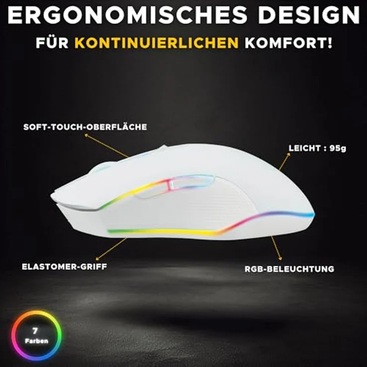 THE G-LAB Kult Helium kabellose Gaming-Maus, wiederaufladbar, 3200 DPI, Retro-Beleuchtung, 7 Farben, für Computer/Mac/PS5/Xbox - Weiß – Bild 3